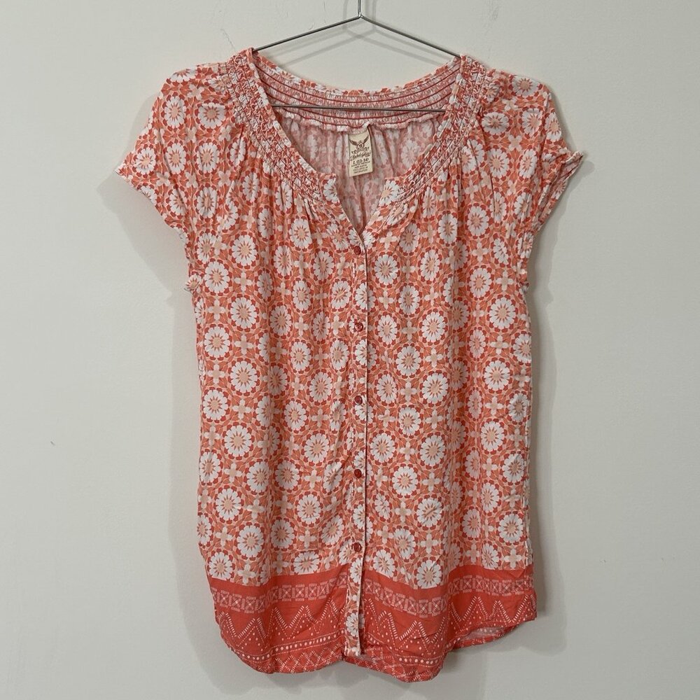 VTG 90s FADED GLORY Shirt L Rayon Salmon Floral Geometric Smocked Neck
